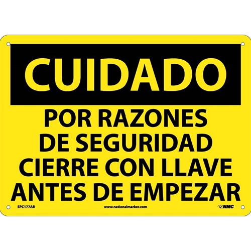 Caution Lockout Before Start Sign - Spanish (SPC177AB)