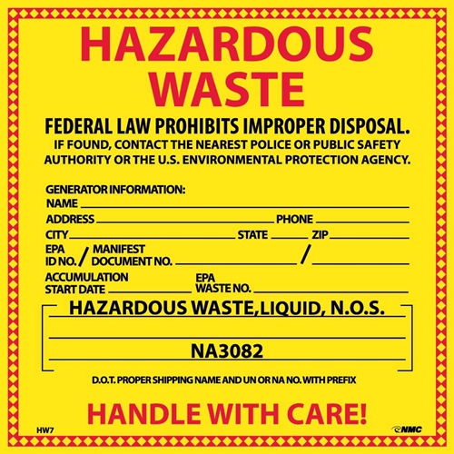 Hazardous Waste For Liquids Hazmat Label (HW7L)