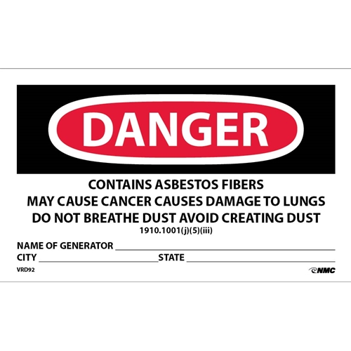 Danger Contains Asbestos Fibers Hazard Warning Label (VRD92)
