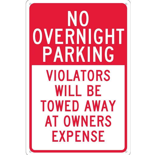 No Overnight Parking Violators Will Be Towed Sign (TM57G)