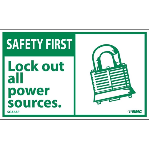 Safety First Lock Out All Power Sources Label (SGA3AP)