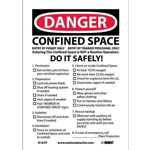 Danger Confined Space Permit Required Sign (D167P)
