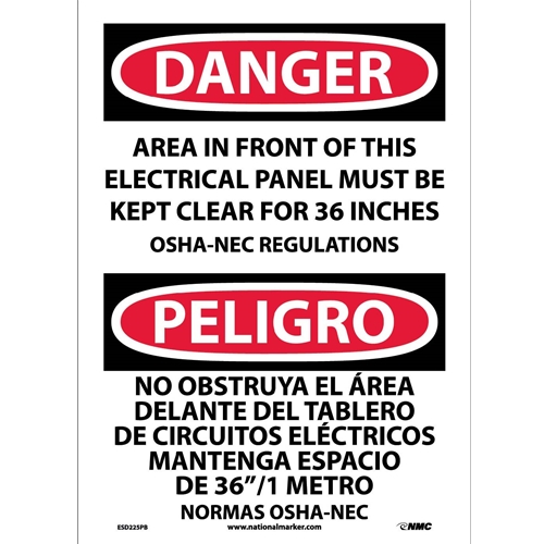 Danger Electrical Panel Must Be Kept Clear Sign - Bilingual (ESD225PB)