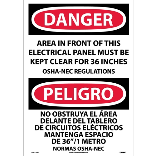 Danger Electrical Panel Must Be Kept Clear Sign - Bilingual (ESD225PC)