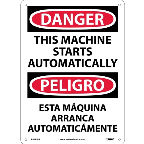 Danger Automatic Machine Start Sign - Bilingual (ESD87RB)