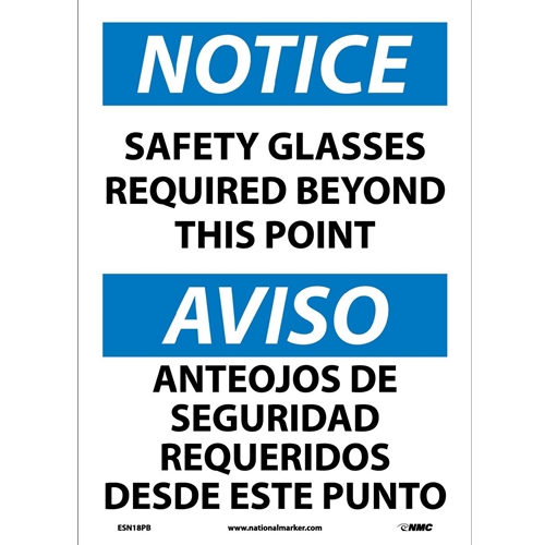 Notice Safety Glasses Required Sign - Bilingual (ESN18PB)