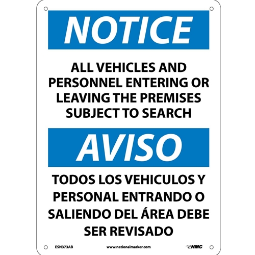 Notice All Vehicles Subject To Search Sign - Bilingual (ESN373AB)