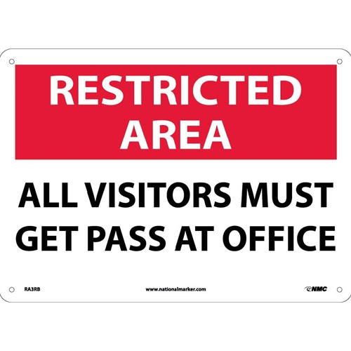 Restricted Area All Visitors Must Get Pass At Office Sign (RA3RB)