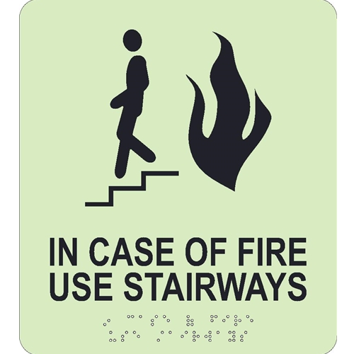 Glow In Case Of Fire Use Stairways Braille Sign (GADA111BK)