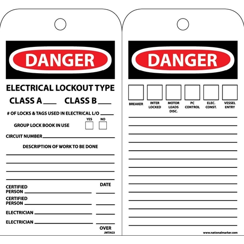 Danger Electrical Lockout Type Class A & Class B Tag (JMTAG3)