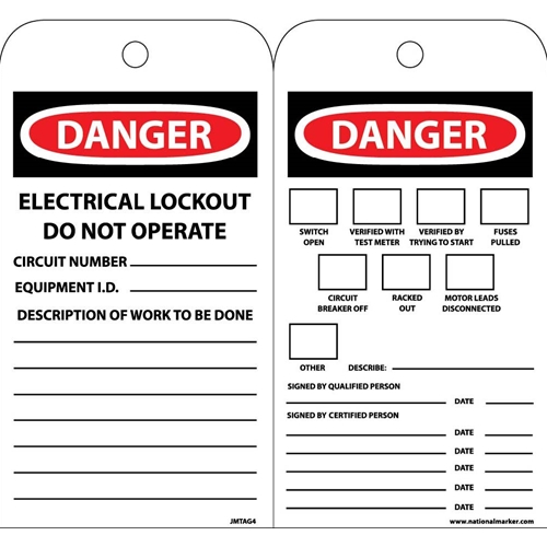 Danger Electrical Lockout Do Not Operate Tag (JMTAG4)