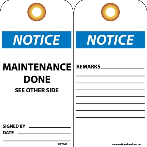 Notice Maintenance Done See Other Side Tag (RPT108G)