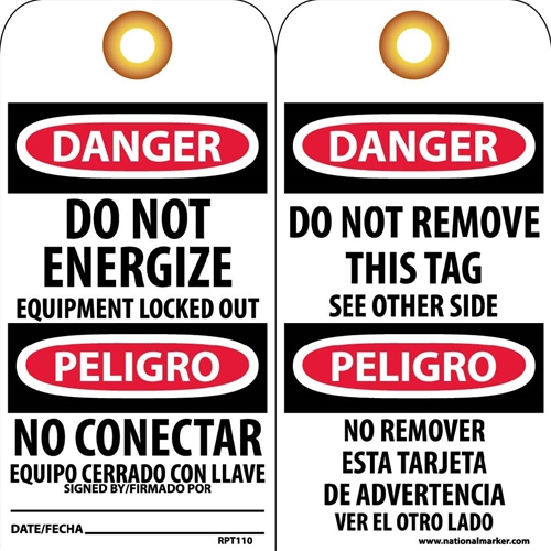 Danger Do Not Energize Equipment Locked Out Tag (RPT110G)