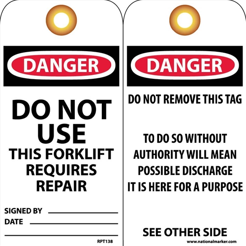 Danger Do Not Use This Forklift Requires Repair Tag (RPT138G)