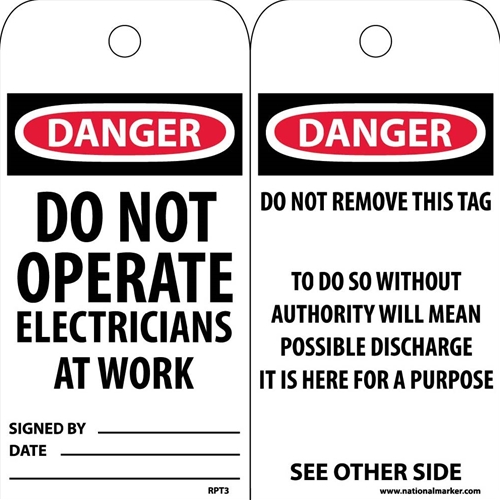 Danger Do Not Operate Electricians At Work Tag (RPT3)