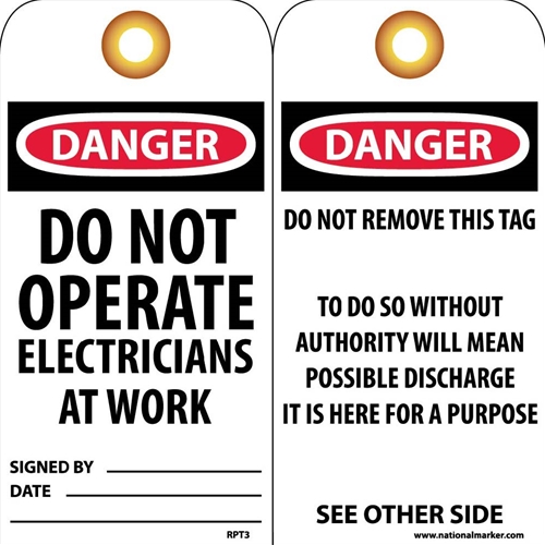 Danger Do Not Operate Electricians At Work Tag (RPT3G)