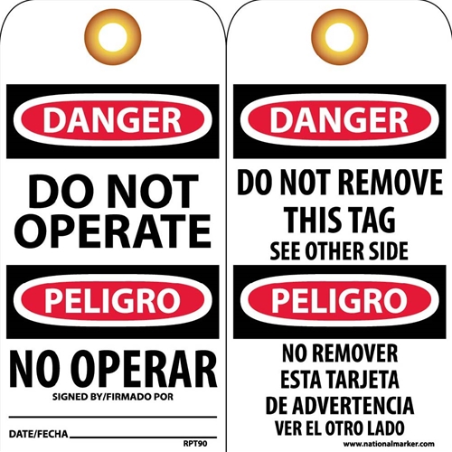 Danger Do Not Operate Bilingual Tag (RPT90G)